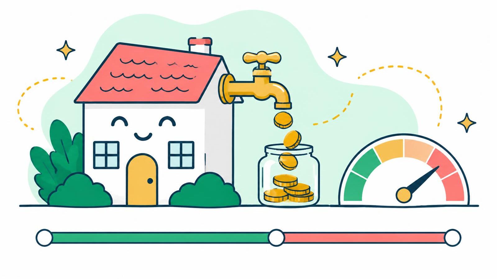Illustration of a house tap pouring coins into a jar